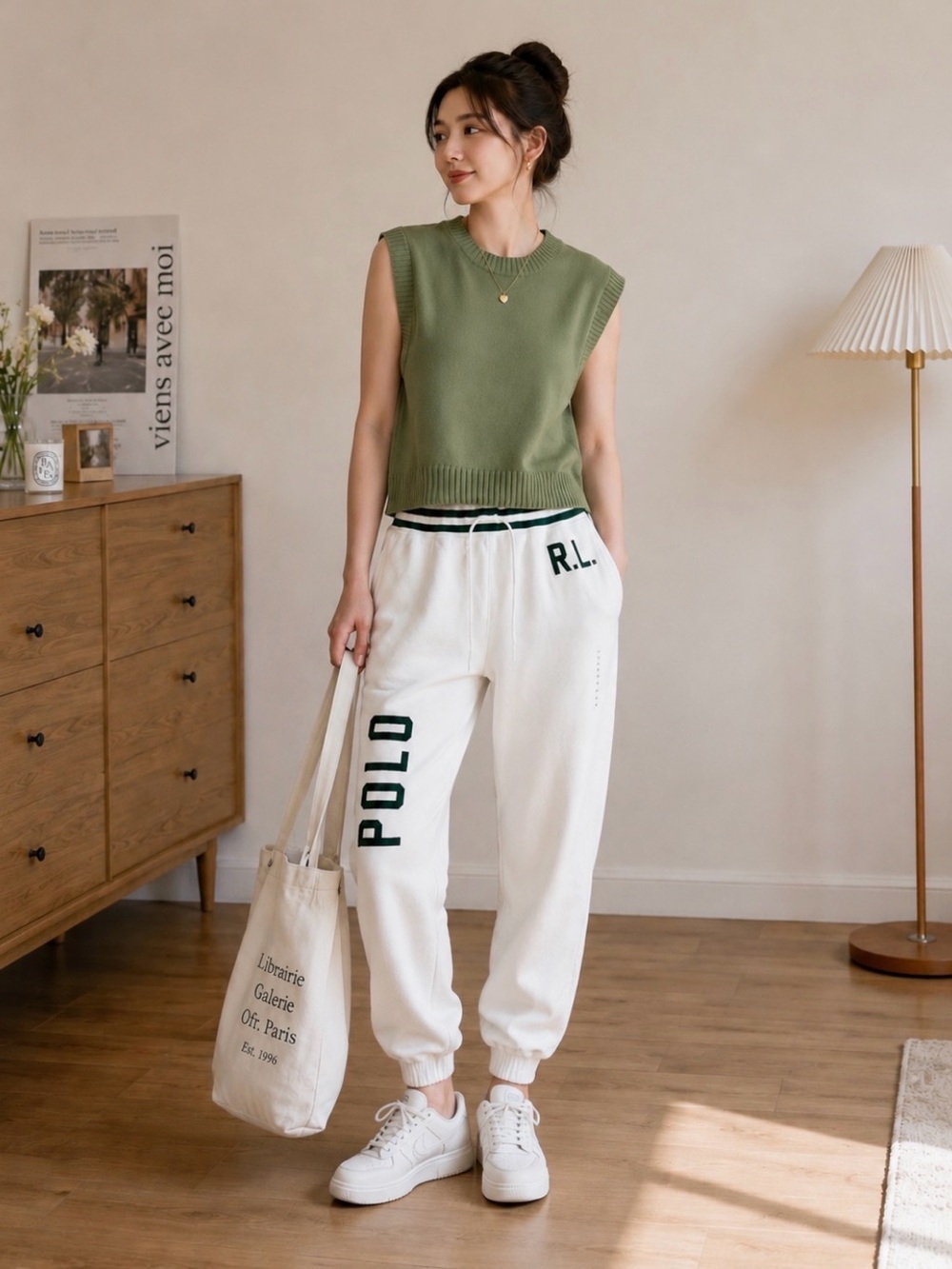 Polo Ralph Lauren Off-White Jogger Sweatpants Green Logo Drawstring Size M